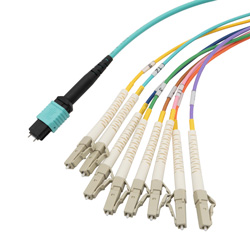 MPO带引脚插口到FLC扇出插口，8根光纤，OM4 50 / 125um多模，OFNR 光缆护套，水蓝色，1米的图片