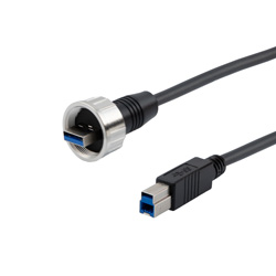 防水型USB3.0线缆组件，IP67金属A型公头/标准B型公头，30/24AWG，PVC黑色护套，1米的图片
